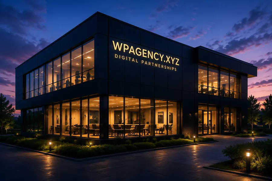 The WPAgency.xyz office at dusk, lit from within, with the WPAgency.xyz Digital Partnerships sign on the facade.