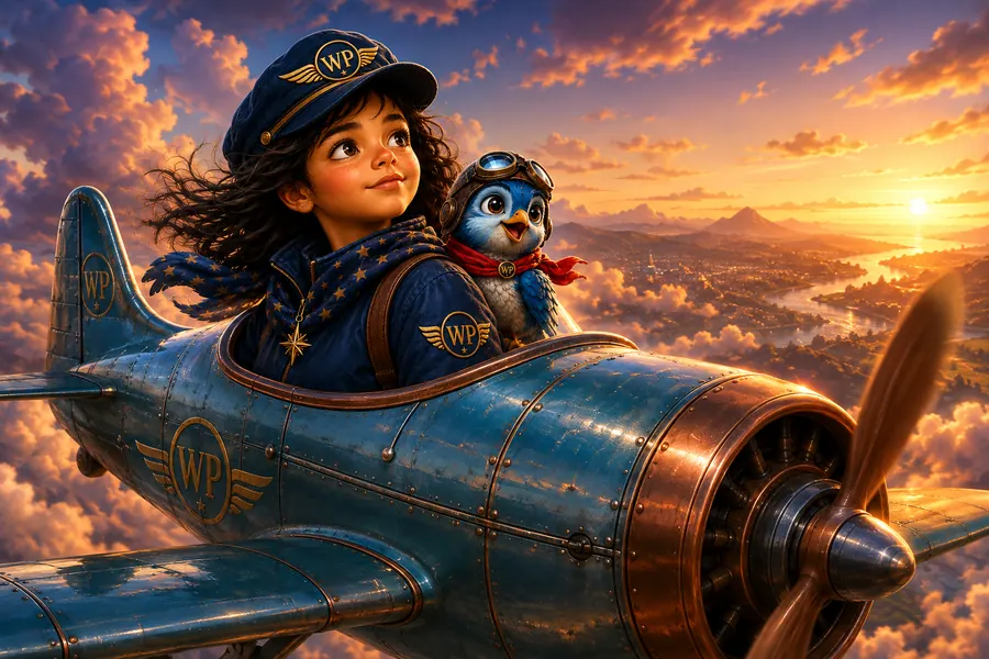 Illustration: a young pilot and a goggled blue bird flying a WP-liveried propeller plane through sunset clouds.