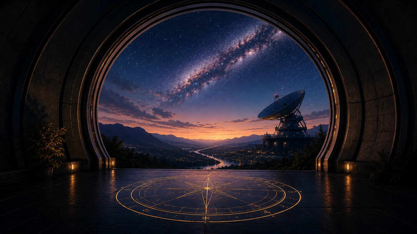 View through a vast stone archway: the Milky Way over a sunset valley, a radio telescope on the ridge, and a gold compass rose inlaid in the floor.