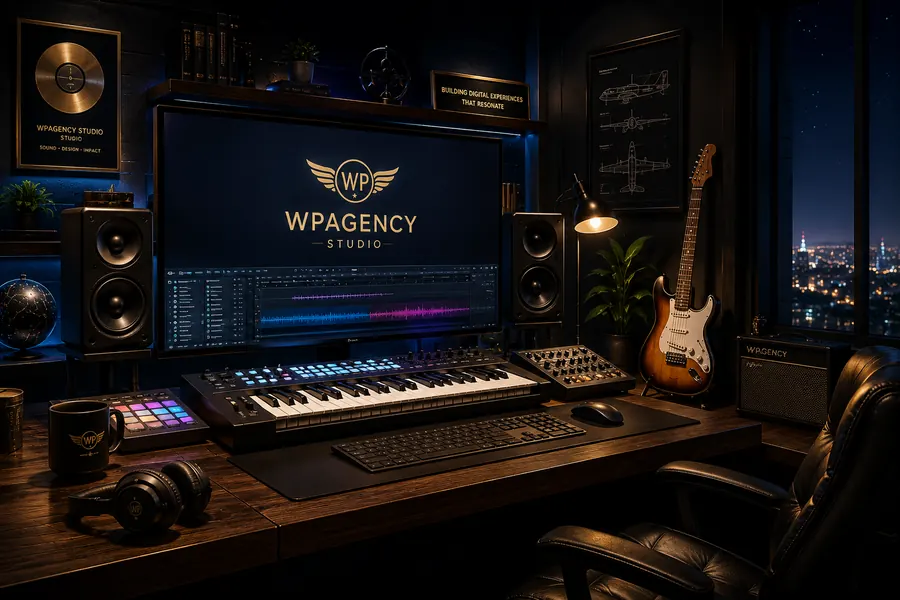 A darkened studio desk: monitor showing the WPAgency Studio mark over an audio timeline, midi keyboard, monitors, guitar and a city skyline beyond.